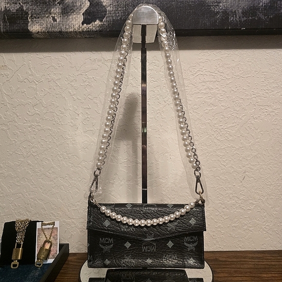 MCM Monogram Black White & Blue Logo Wallet Clutch Book Purse